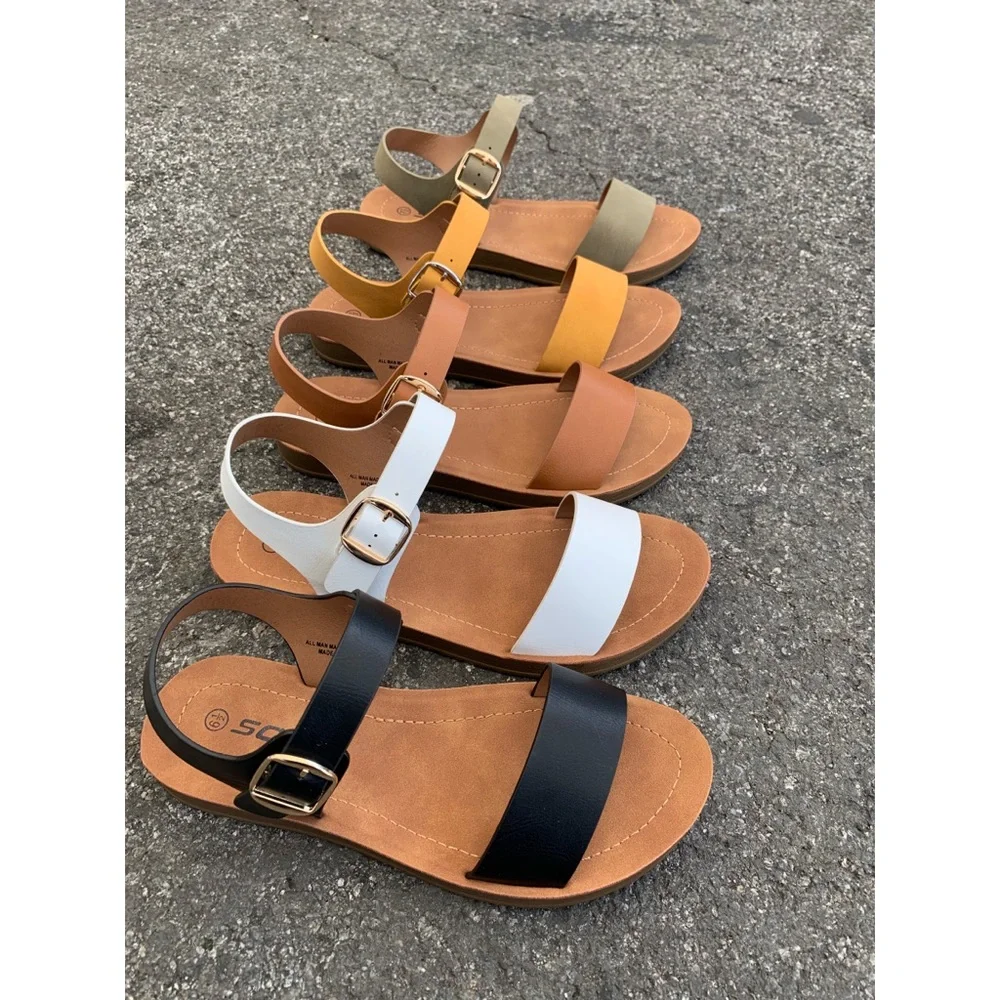 Soda Black and Tan Strappy Buckle Sandals
